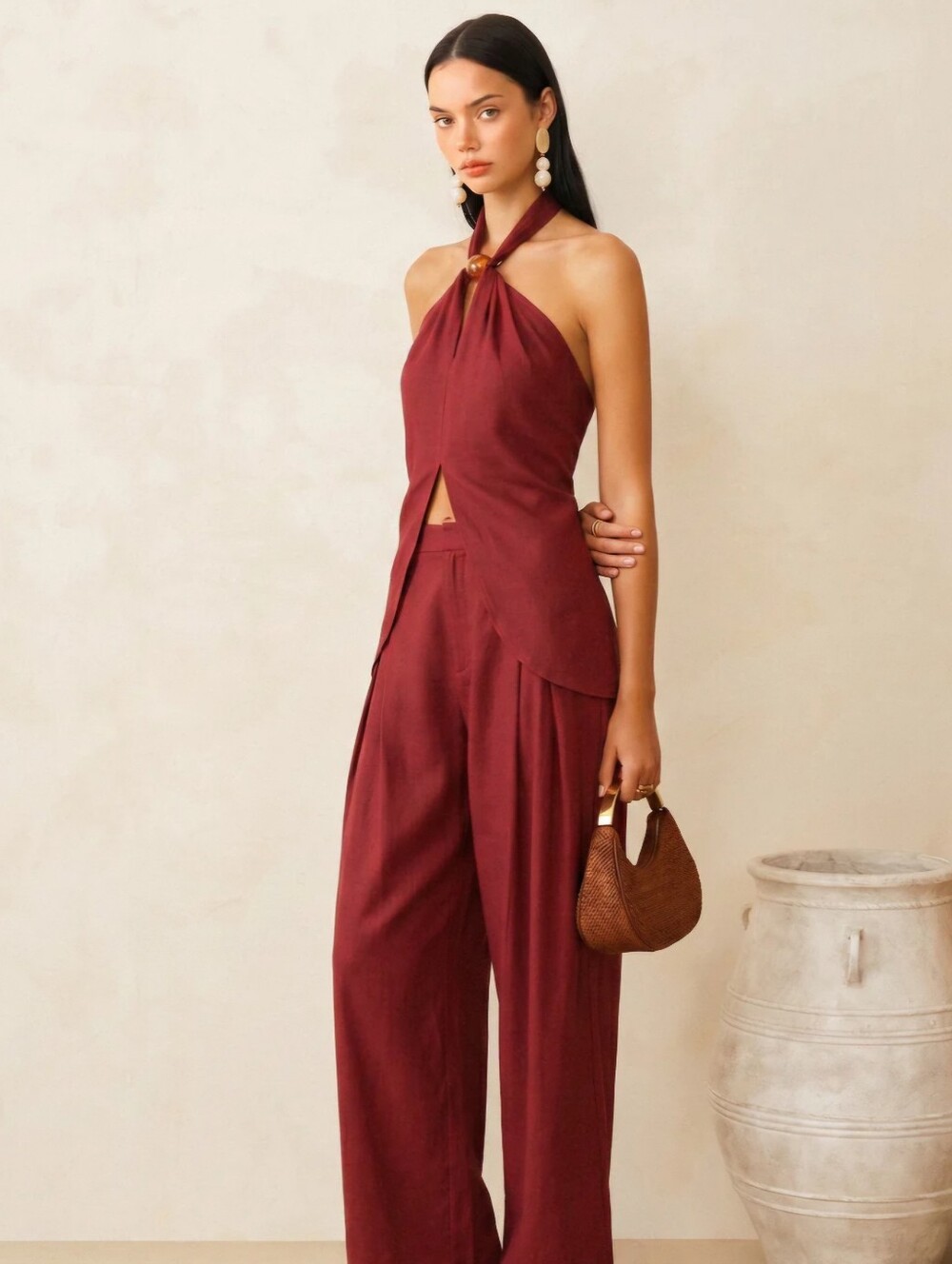 Commense Red Linen Blend Halter Top & Pants Set Size L